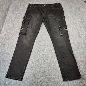 Serenede Mens Black Washed Cargo Jeans Slim Fit Buckle Pockets Size 42